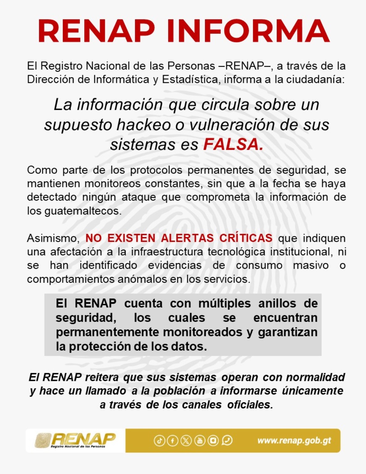 Comunicado público de RENAP negando compromiso de sus sistemas