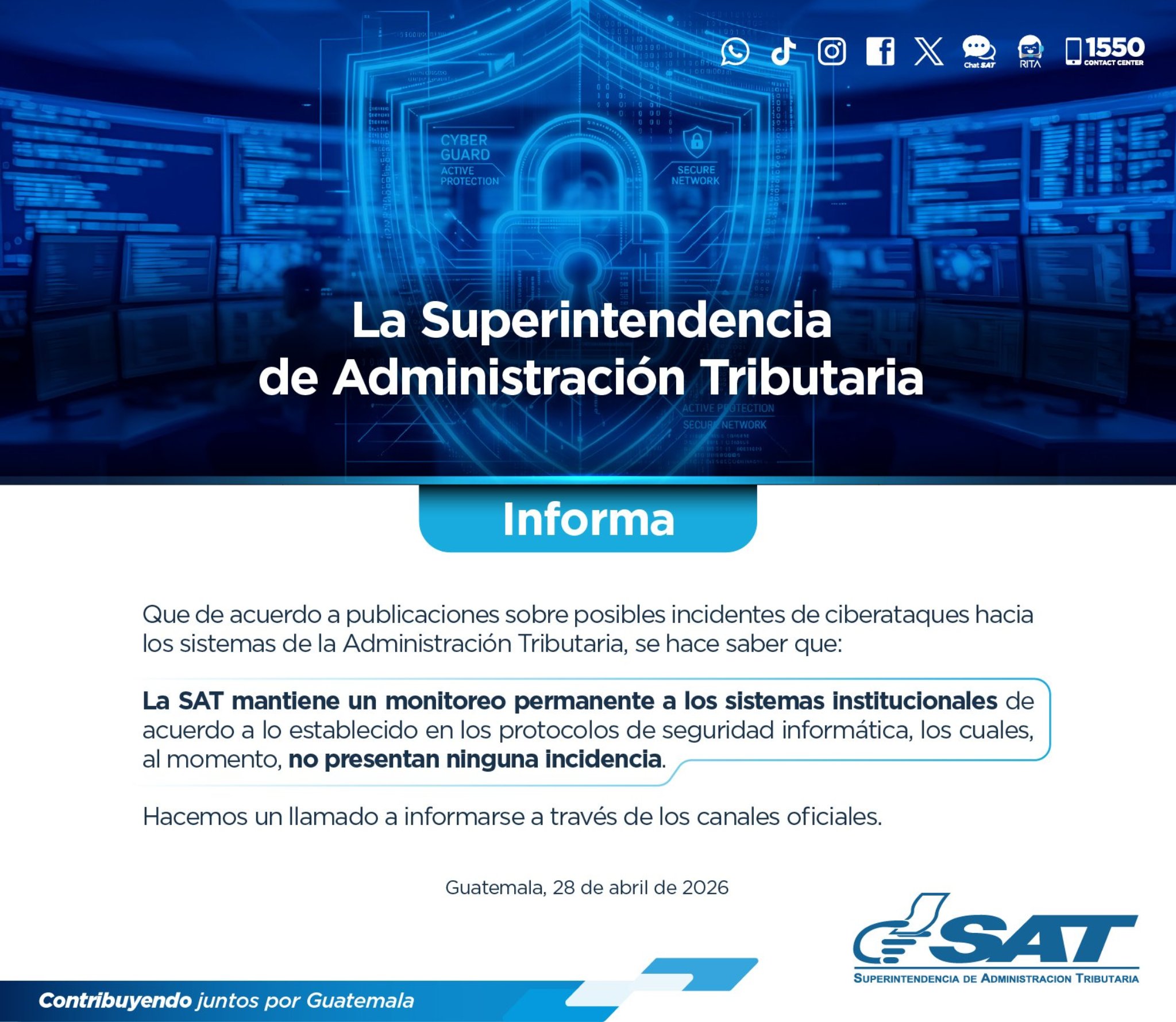 Comunicado público de SAT indicando que no presenta incidencias