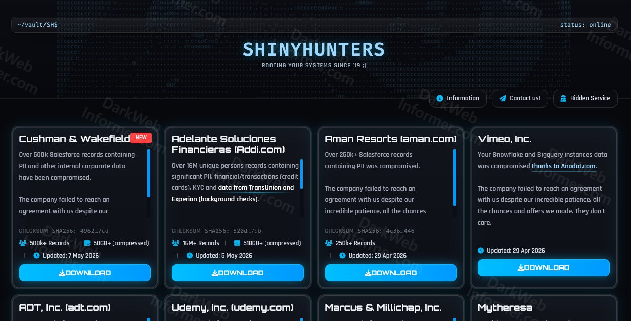 Portal de ShinyHunters sin Instructure visible al momento de revisión