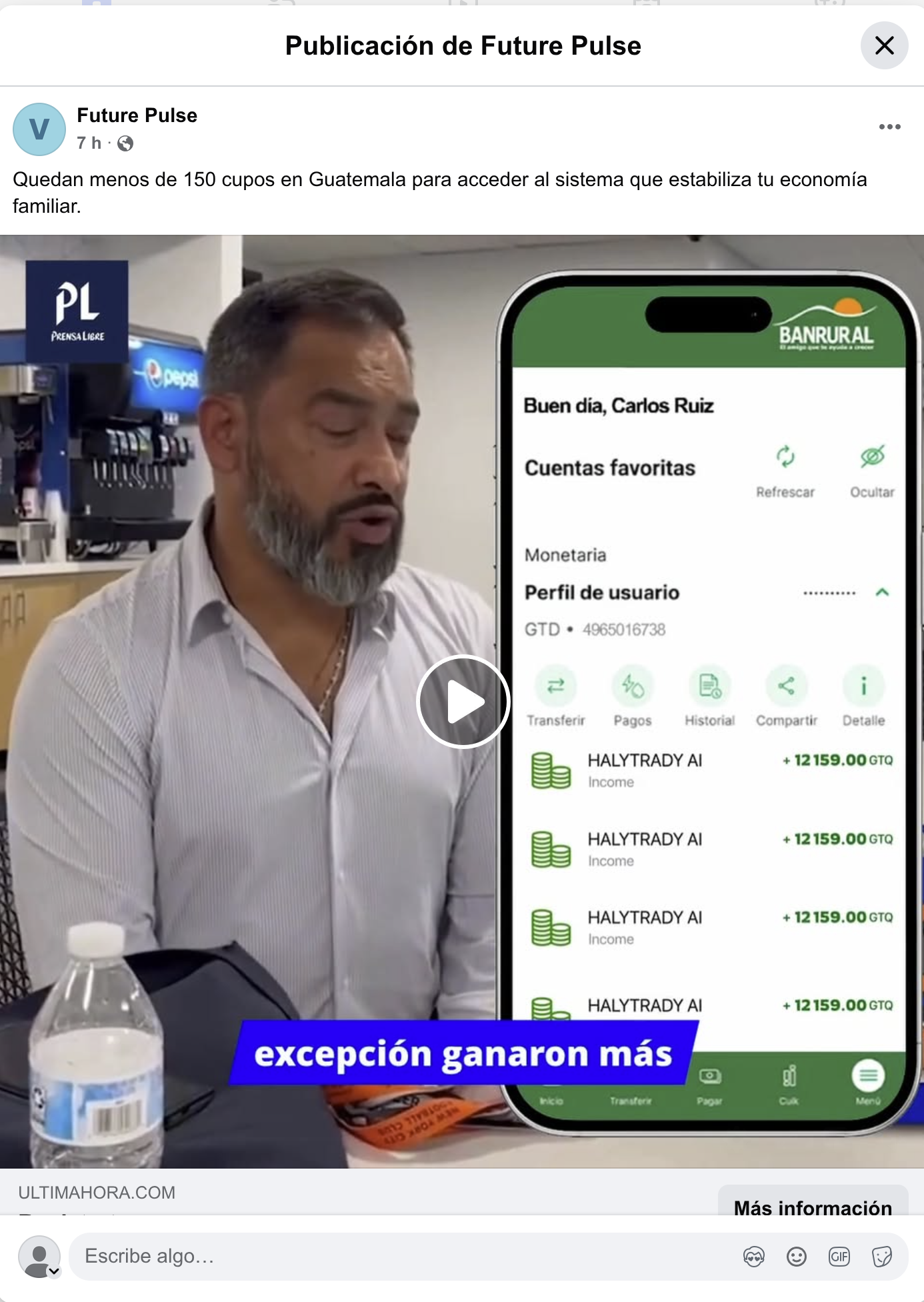 Anuncio falso de supuesta plataforma financiera