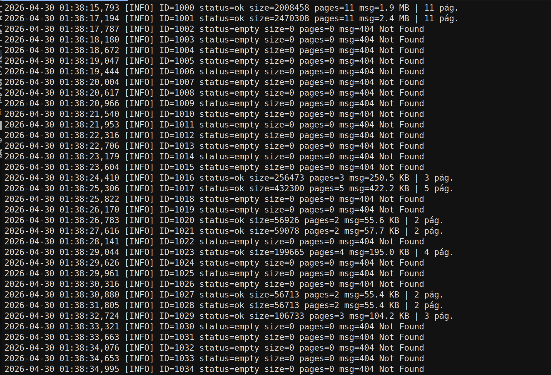 Placeholder: extracto censurado de descarga.log, mostrando timestamps, IDs, status y páginas, sin URL completa ni tokens