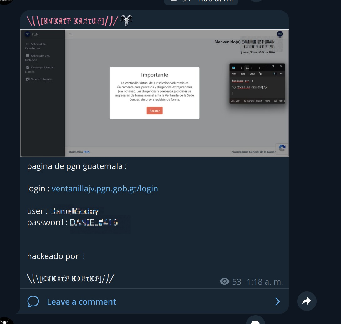 Publicación censurada asociada a PGN, sin credenciales visibles