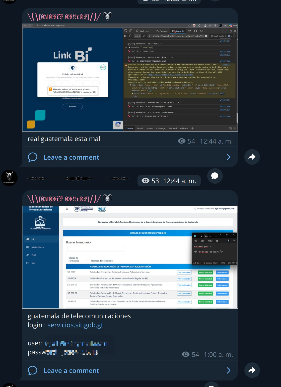 Publicación censurada asociada a SIT, sin credenciales visibles
