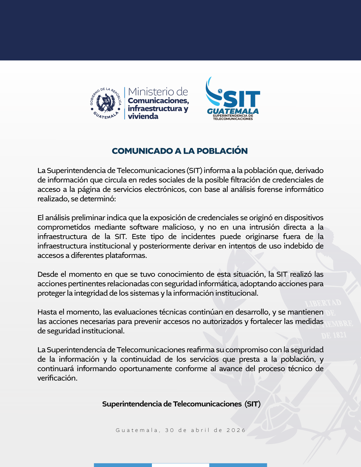 Comunicado de SIT sobre posible exposición de credenciales por dispositivos comprometidos con software malicioso