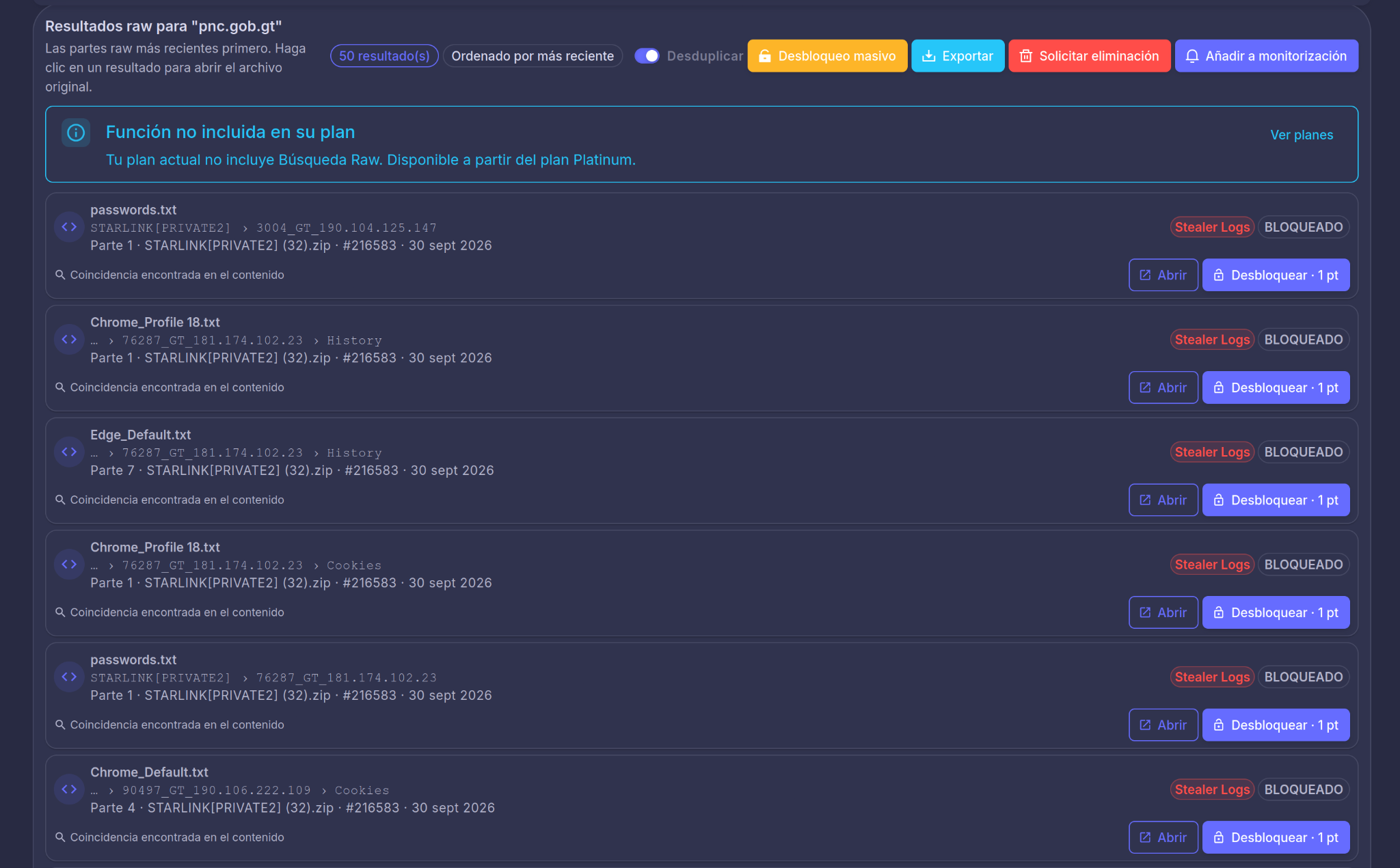 Resultados raw clasificados como Stealer Logs