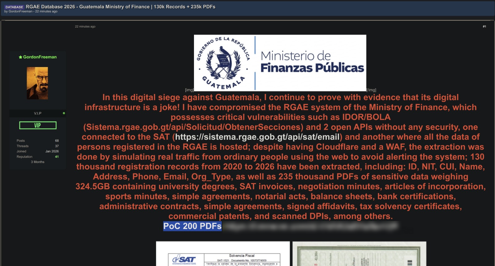 Publicación observada sobre RGAE / Minfin