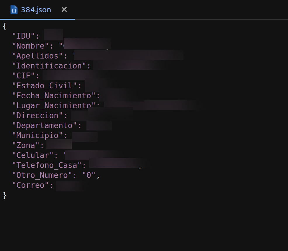 Ejemplo censurado de registro JSON observado en la PoC